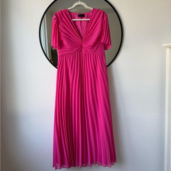 ASOS Design Curve Pleated Bodice Flutter Sleeve Pleat Midi Dress, Hot Pink, 12 - Picture 2 of 10